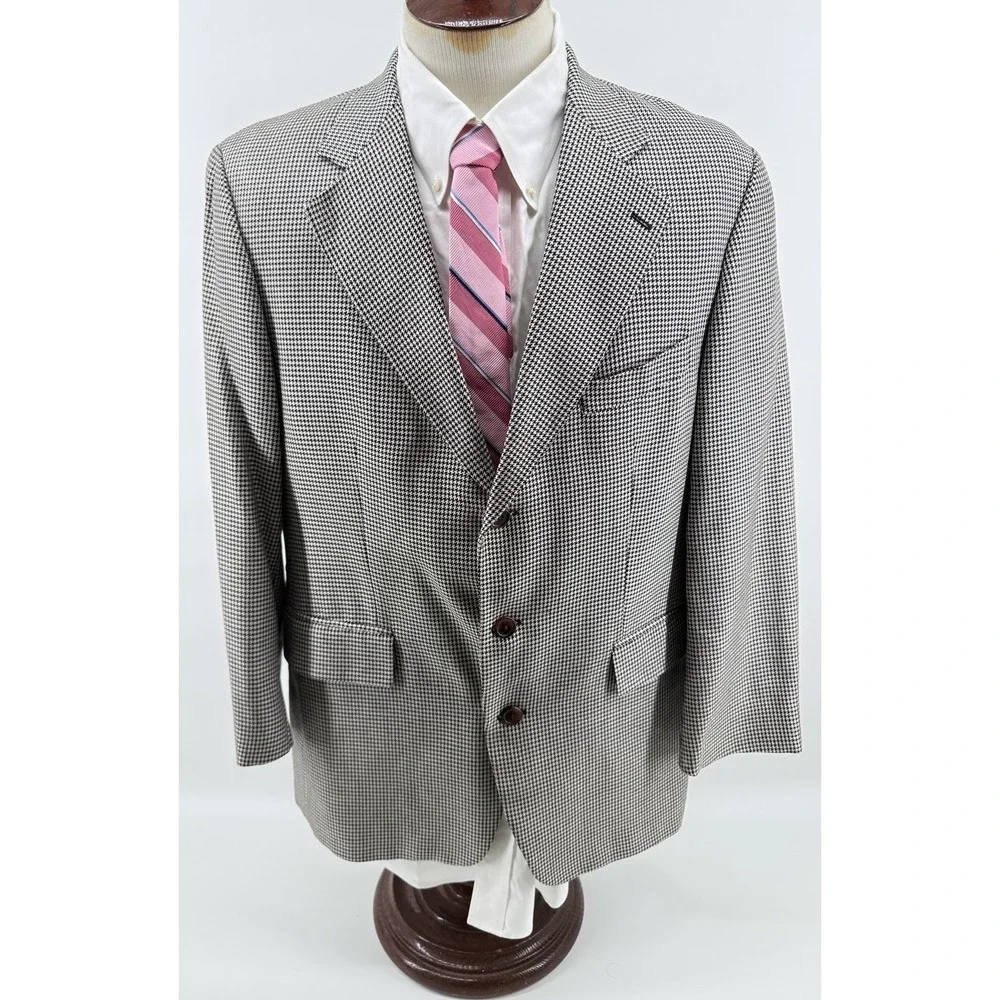 VNTG Chaps Ralph Lauren Blazer Mens 41R Wool Silk Blend Houndstooth‎ Two Button